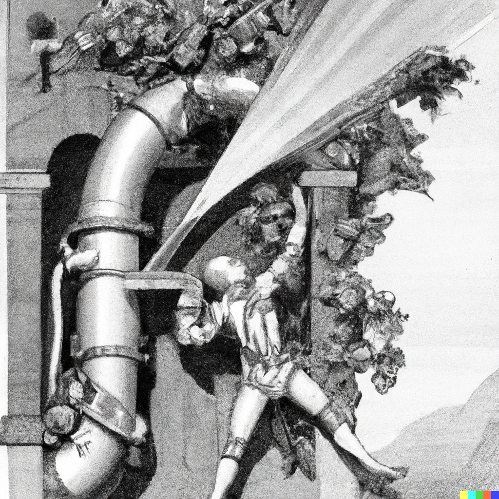 An automaton is inhaling from a turbine. Very detailed monochrome illustration, by Ida Rentoul Outhwaite.