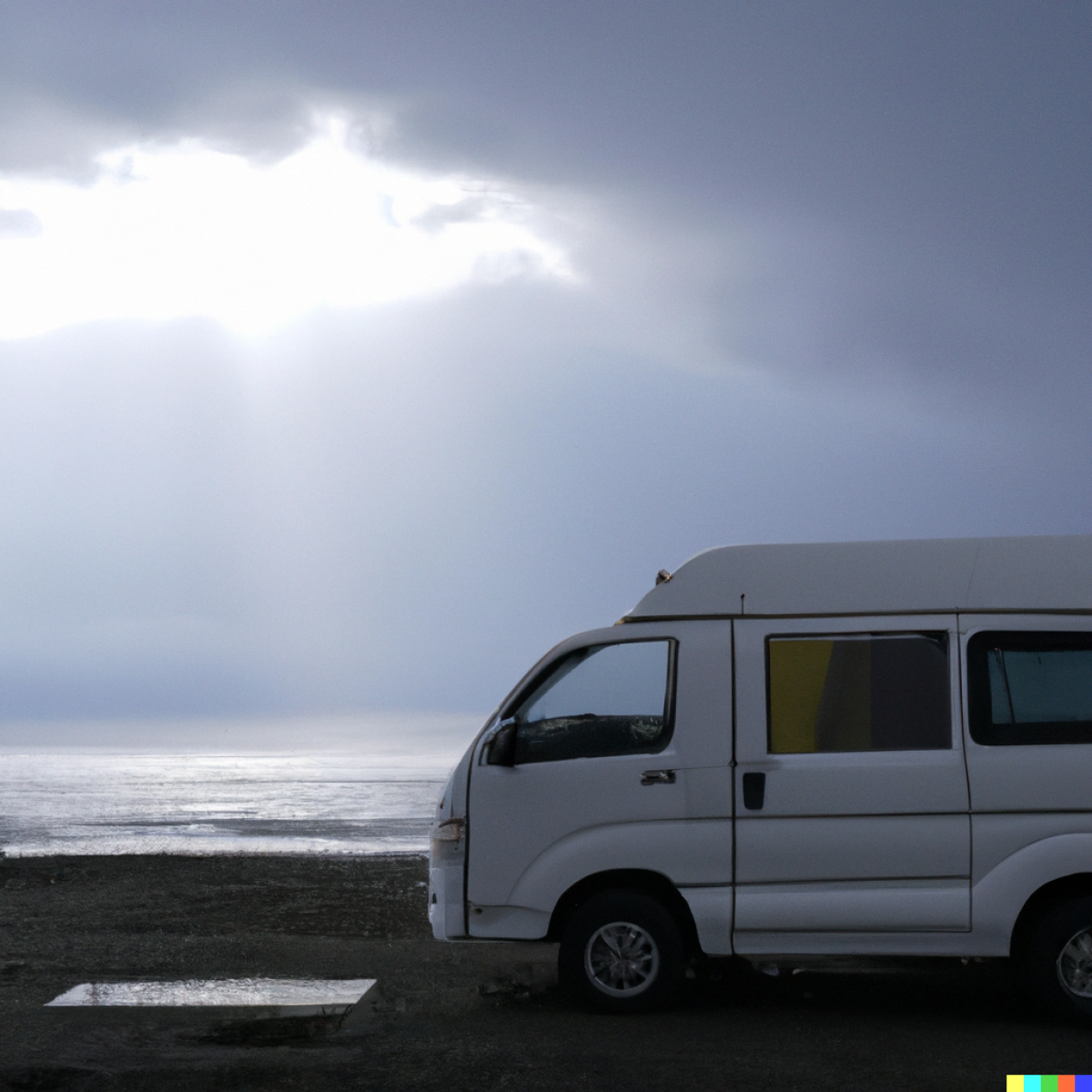 It's raining. A white van is parking on a beach at northern Japan. The sea is calm and the clouds are thick. A beam of light shines through the clouds and shine up the sea. Far wide focus and 4k photo